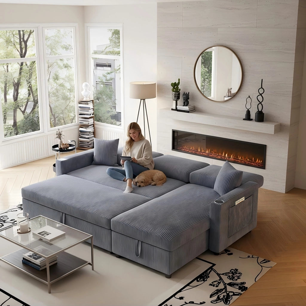 Divano letto angolare modulare - con contenitore; USB e tavolino - in corduroy grigio