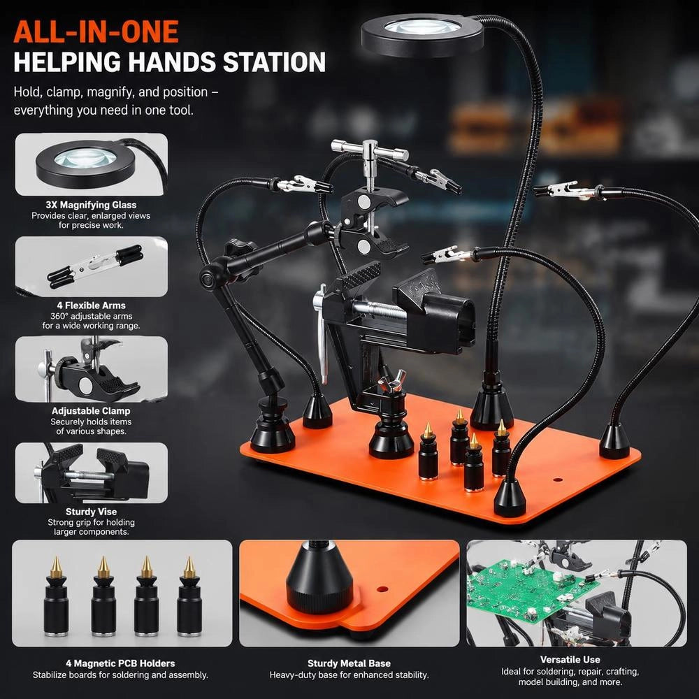 Soldering Aid Third Hand, Magnetic Soldering Station, 4-arm Hand Tool, With Vise, 3x LED Magnifying Lamp, 4 Circuit Board Holders And 360-degree Hot Air Gun Holder