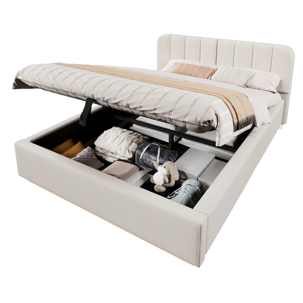 Letto contenitore imbottito in ciniglia 140 x 200 cm, letto matrimoniale con contenitore idraulico, LED, testiera trapuntata e rete a doghe, beige