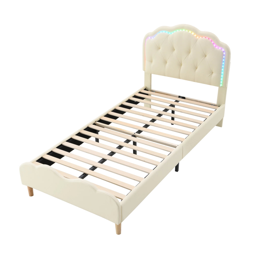 Letto imbottito singolo 90x200 cm con testiera ondulata in PU beige e strisce LED multicolore