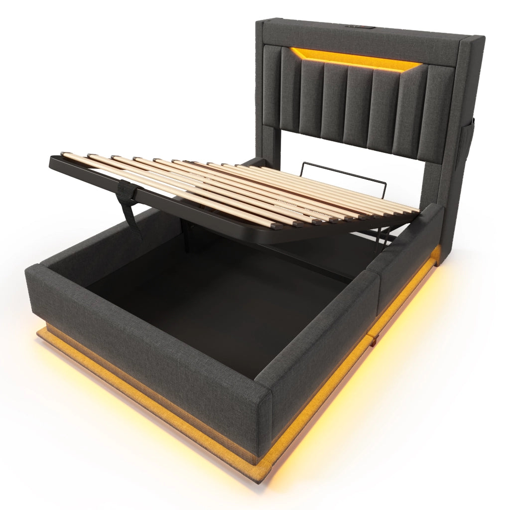 Letto singolo 90x200 cm grigio con contenitore e luci LED