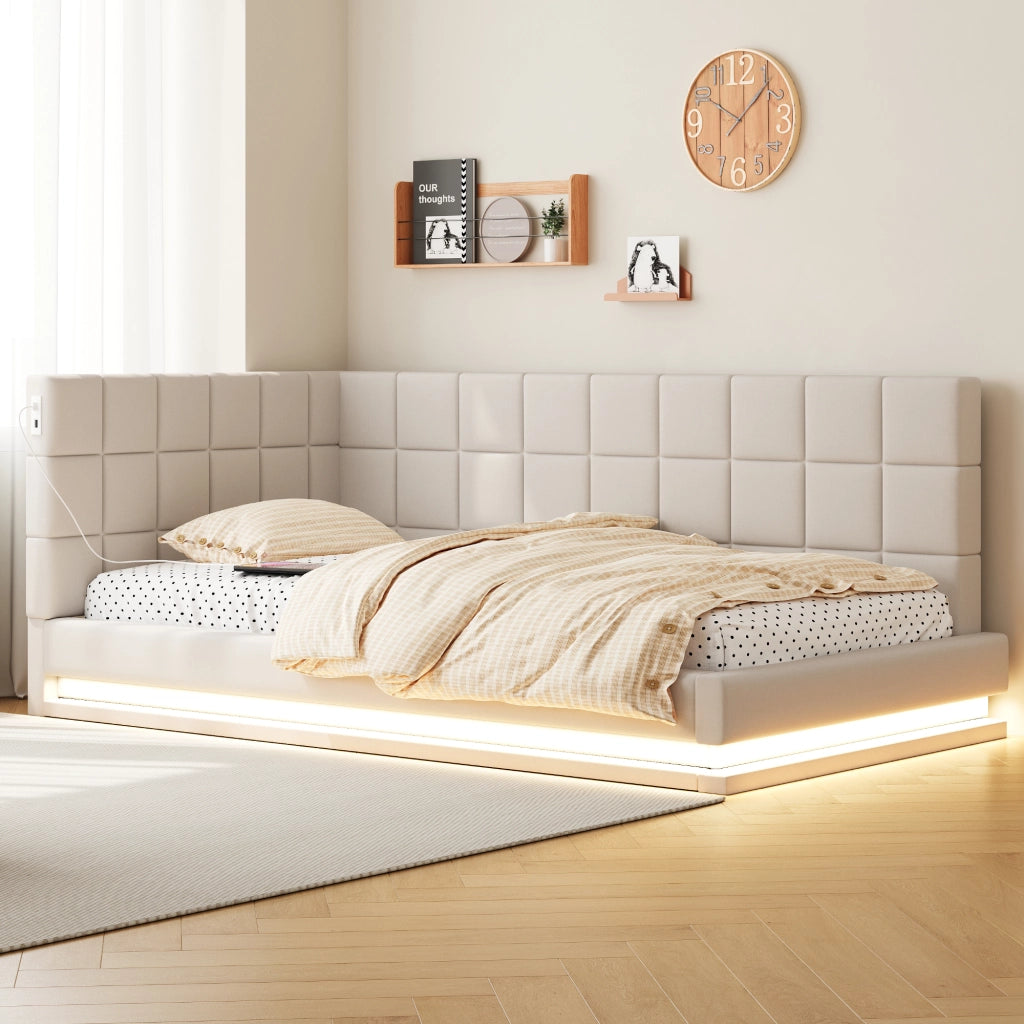 Letto singolo imbottito 90 × 200 cm con rete a doghe LED USB in lino beige