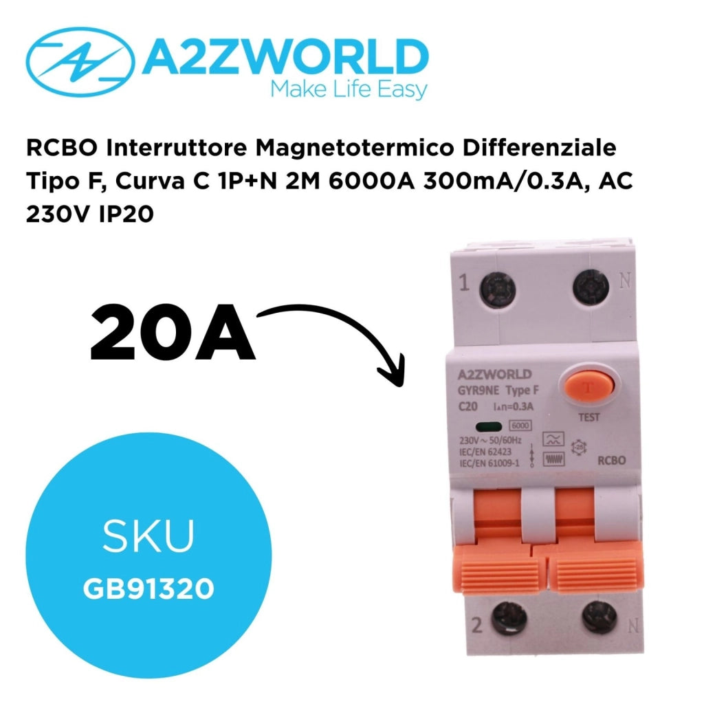 RCBO Interruttore Magnetotermico Differenziale Tipo F, Curva C 1P+N 2M 6000A 300mA/0.3A, AC 230V IP20 Corrente Disponibili 16A 20A 25A 32A (C20A)