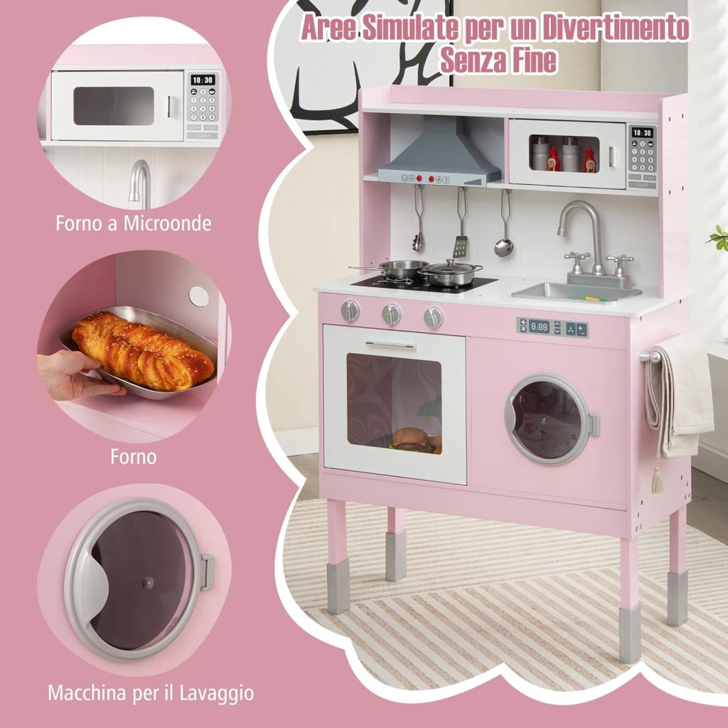 COSTWAYCucina Giocattolo con Cappa e Lavatrice, Cucina Giocattolo con Accessori Adorabili Suoni e Luci Reali, Set Cucina Chef in Legno per Bambini, Regalo per Età 3+ Rosa