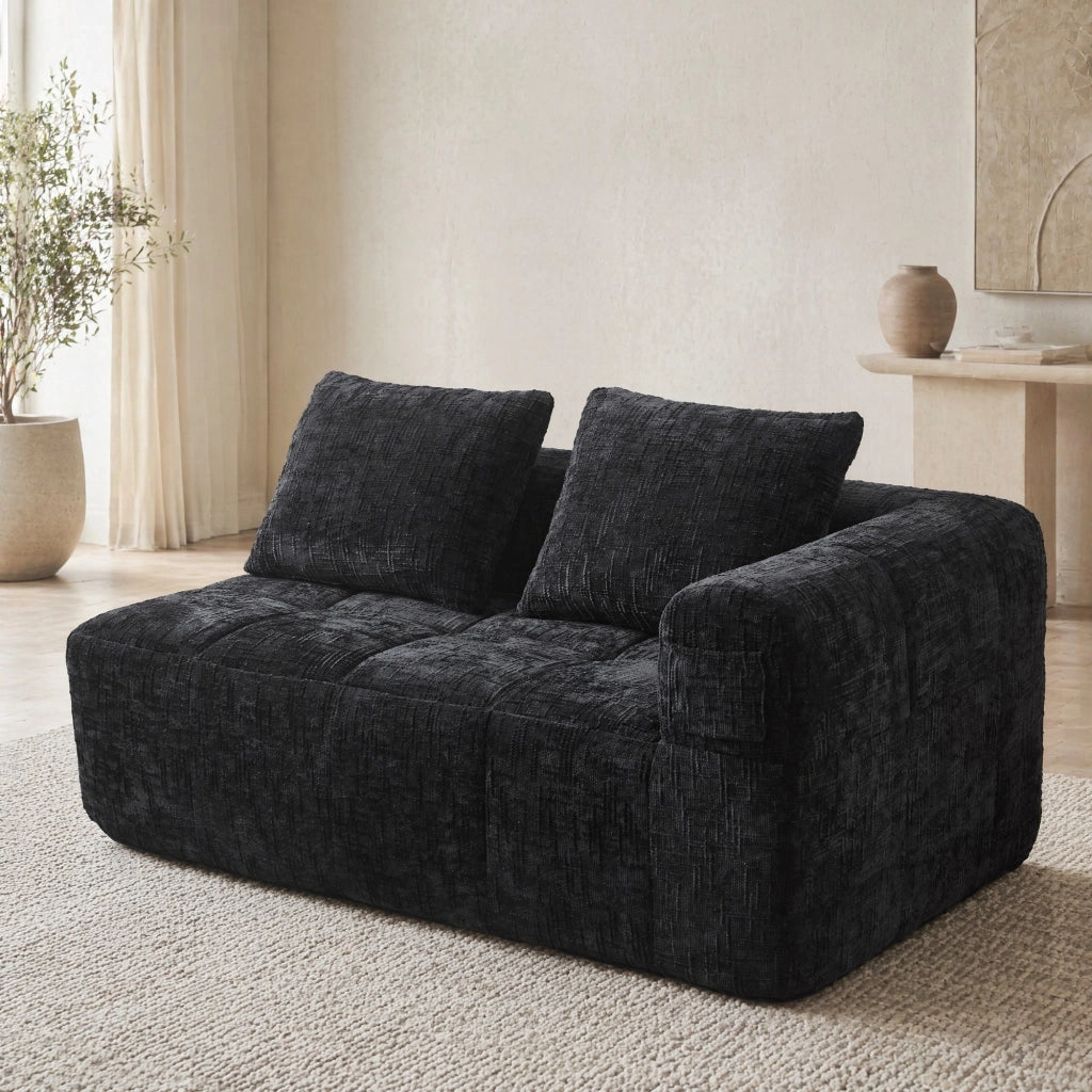 Divano 2 Posti con Tasche laterali e Cuscino, Seduta Ergonomica, in Ciniglia, Nero