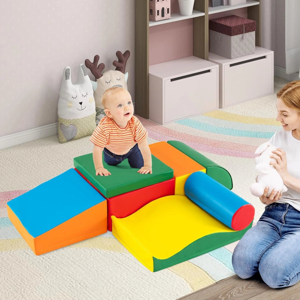 Set 7 Blocchi in Schiuma per Bambini, Set Gioco da Arrampicata con Rivestimento Rimovibile in Pelle Artificiale, Blocchi di Costruzione Morbidi per Bambini da Interno, Multi-Colore