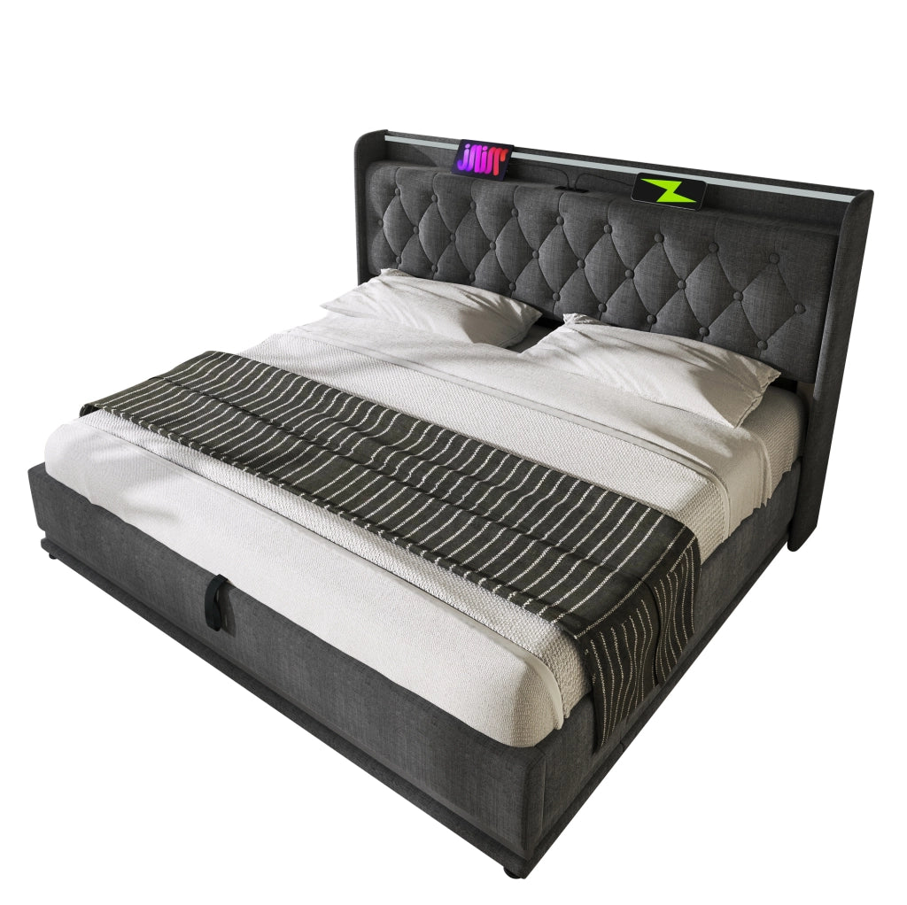 Letto Polsterato 140x200 cm con Illuminazione LED 360°, Tessuto di Lino Grigio, Testiera con Ricarica USB Tipo-C, Contenitore Idraulico (Senza Materasso)