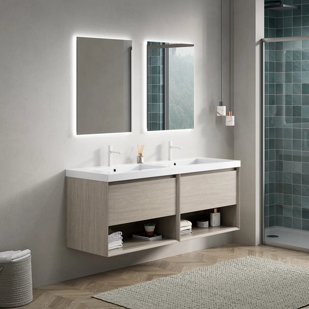Mobile lavabo da bagno 140 cm con 2 lavabi rettangolari bianchi in resina, mobile in compensato colore rovere chiaro con 2 cassetti e 2 ripiani aperti, preassemblato