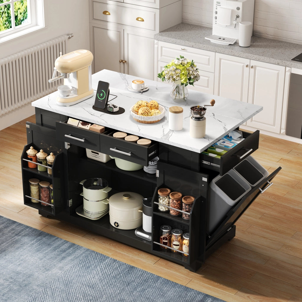 Isola da cucina mobile 138x86x92 cm con piano pieghevole; prese e vano rifiuti; nera