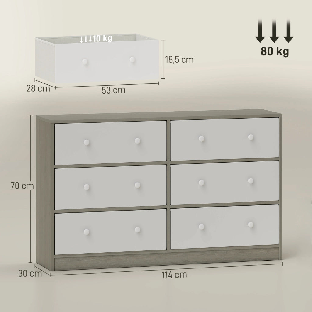 Cassettiera con 6 cassetti ¨C Minimal ¨C Tessuto, acciaio, MDF, bianco e grigio