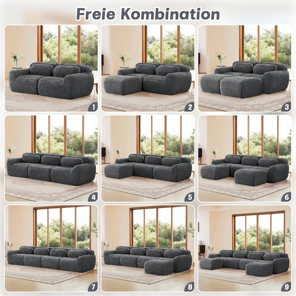 Divano Modulare 3 Posti con Design Ergonomico e Base Antiscivolo, in Peluche Grigio