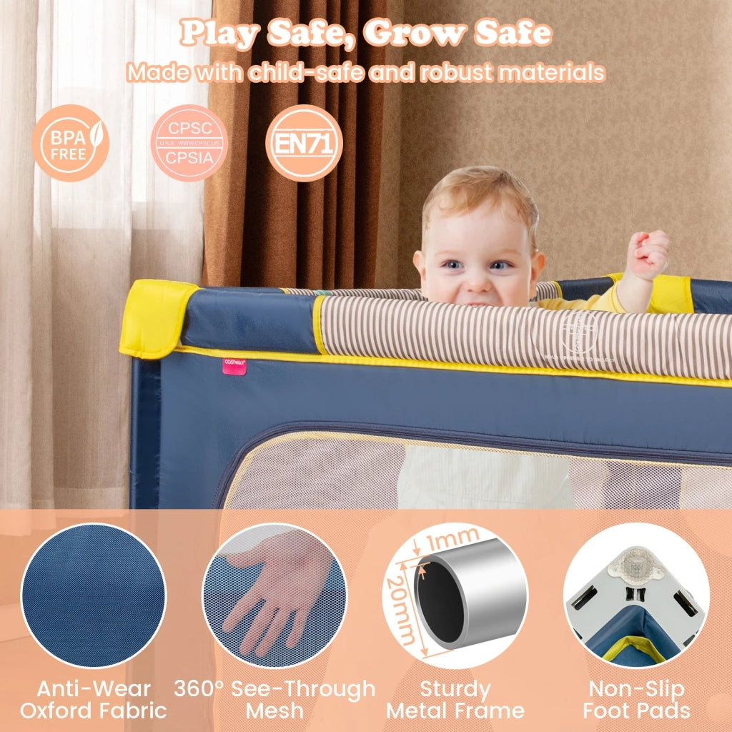 Box per bambini pieghevole 150 x 150 cm con porta a cerniera blu, recinto per bambini robusto e portatile per casa e viaggi