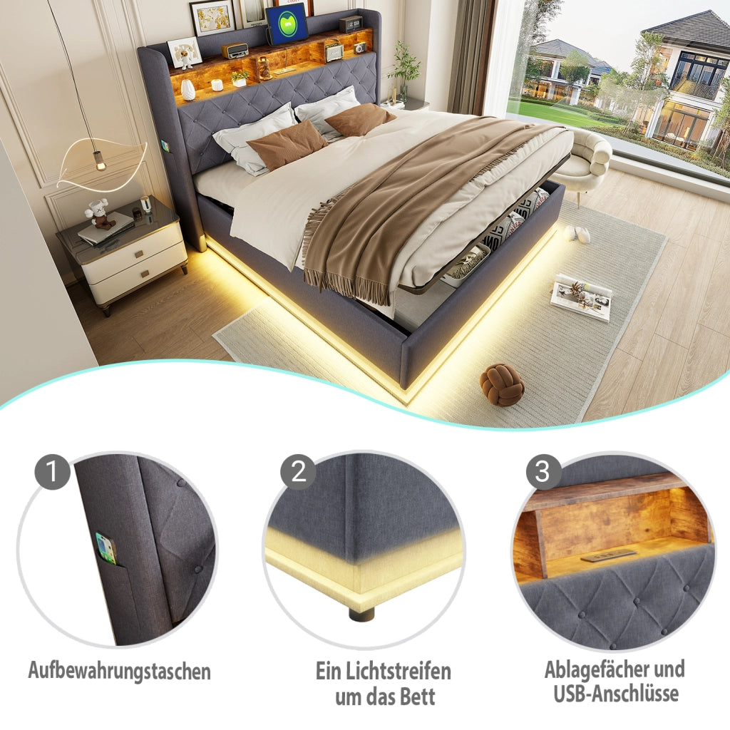 Letto Contenitore 160 x 200 cm con LED; USB e vano idraulico in Tessuto Grigio
