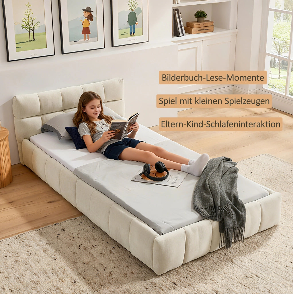Letto singolo 90x200 cm per bambini con rivestimento in ciniglia beige, struttura in legno di eucalipto e telaio in ferro robusto, facile da montare (senza materasso)