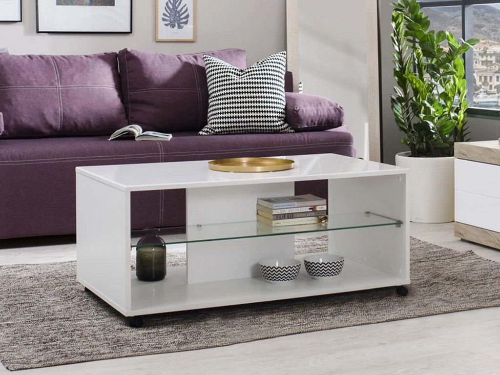 Giussano, Tavolino da Salotto 2 Vani, 101x60x45h cm Bianco