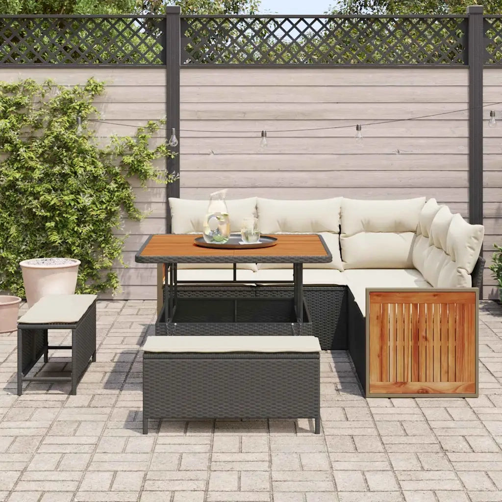 Set Divano da Giardino 9 pcs Nero e Crema polyrattan