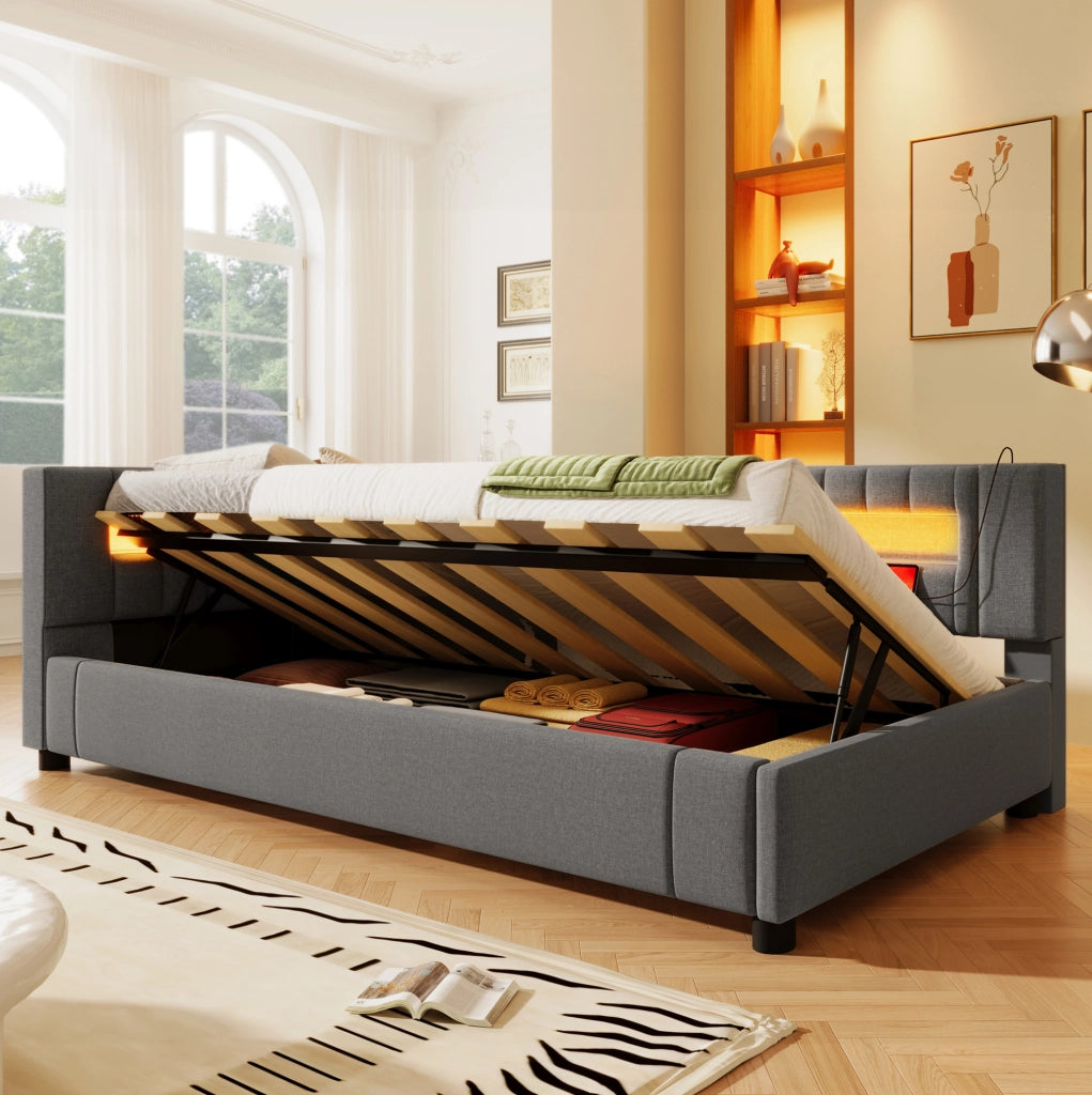 Letto daybed 90x200 cm in lino grigio con LED, contenitore idraulico, USB e Type-C