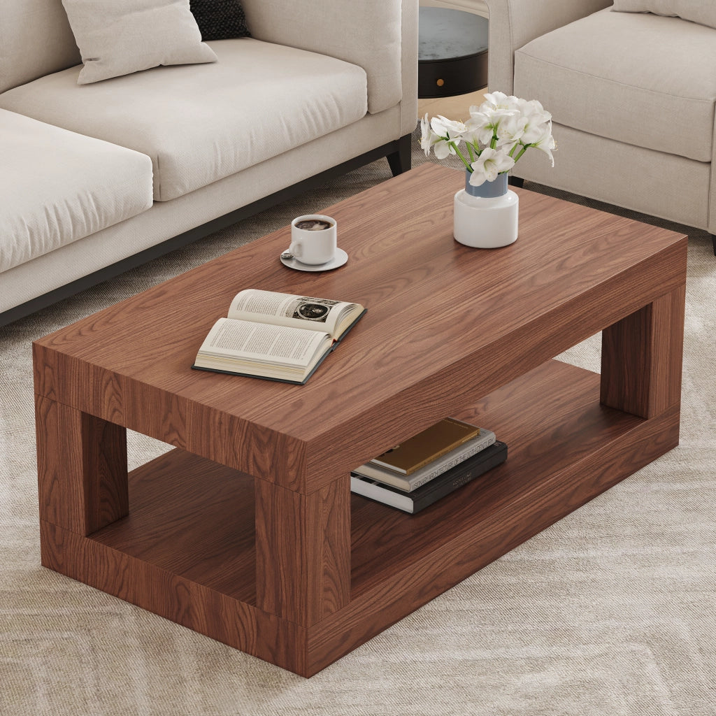 Tavolino da salotto fisso rettangolare a 2 livelli con ripiano aperto; in MDF; per soggiorno; 104×65.5×28 cm; noce