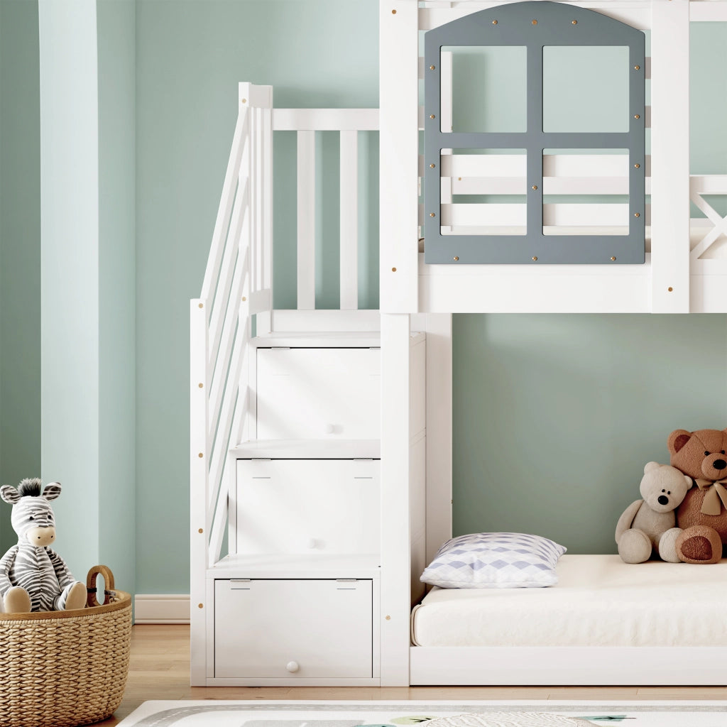 Letto a castello per bambini 90 × 200 cm 2 posti con scala e 3 armadietti; senza materasso; bianco e grigio