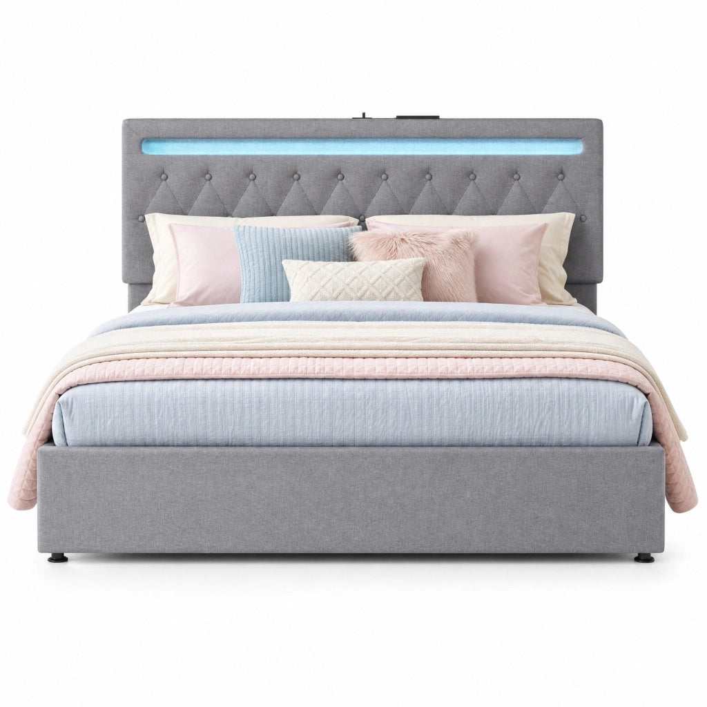 Letto imbottito 180x200 cm con contenitore, LED e porte USB