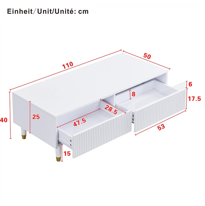 Set mobile TV 4 ante e tavolino 2 cassetti con LED 7 colori; MDF bianco e oro