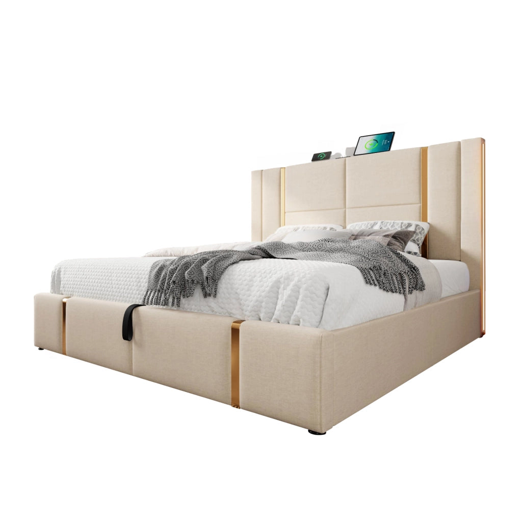 Letto imbottito matrimoniale 160x200 con LED RGB, USB e porta Type-C, contenitore sollevabile
