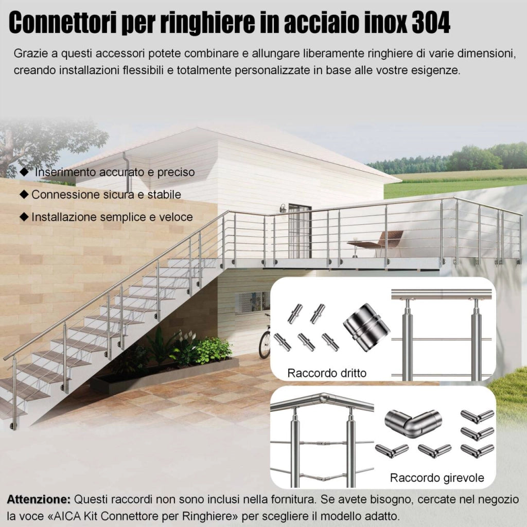 Ringhiera Balaustra Corrimano in acciaio inox 304 spazzolato per scale 200 cm, 5 barre trasversali, fissaggio laterale, per interni ed esterni