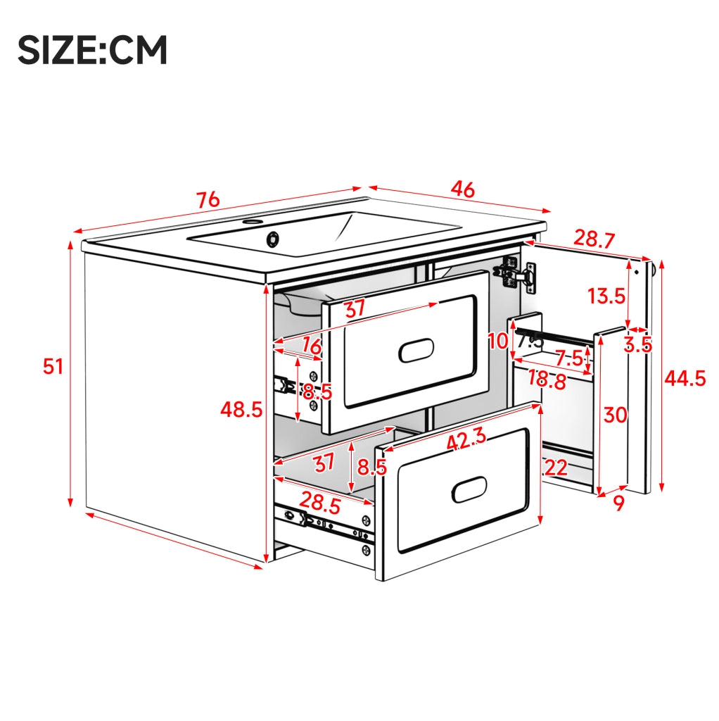 Mobile lavabo da bagno sospeso 76x46x51 cm in MDF laccato con lavabo in ceramica, 2 cassetti, LED con sensore radar, bianco