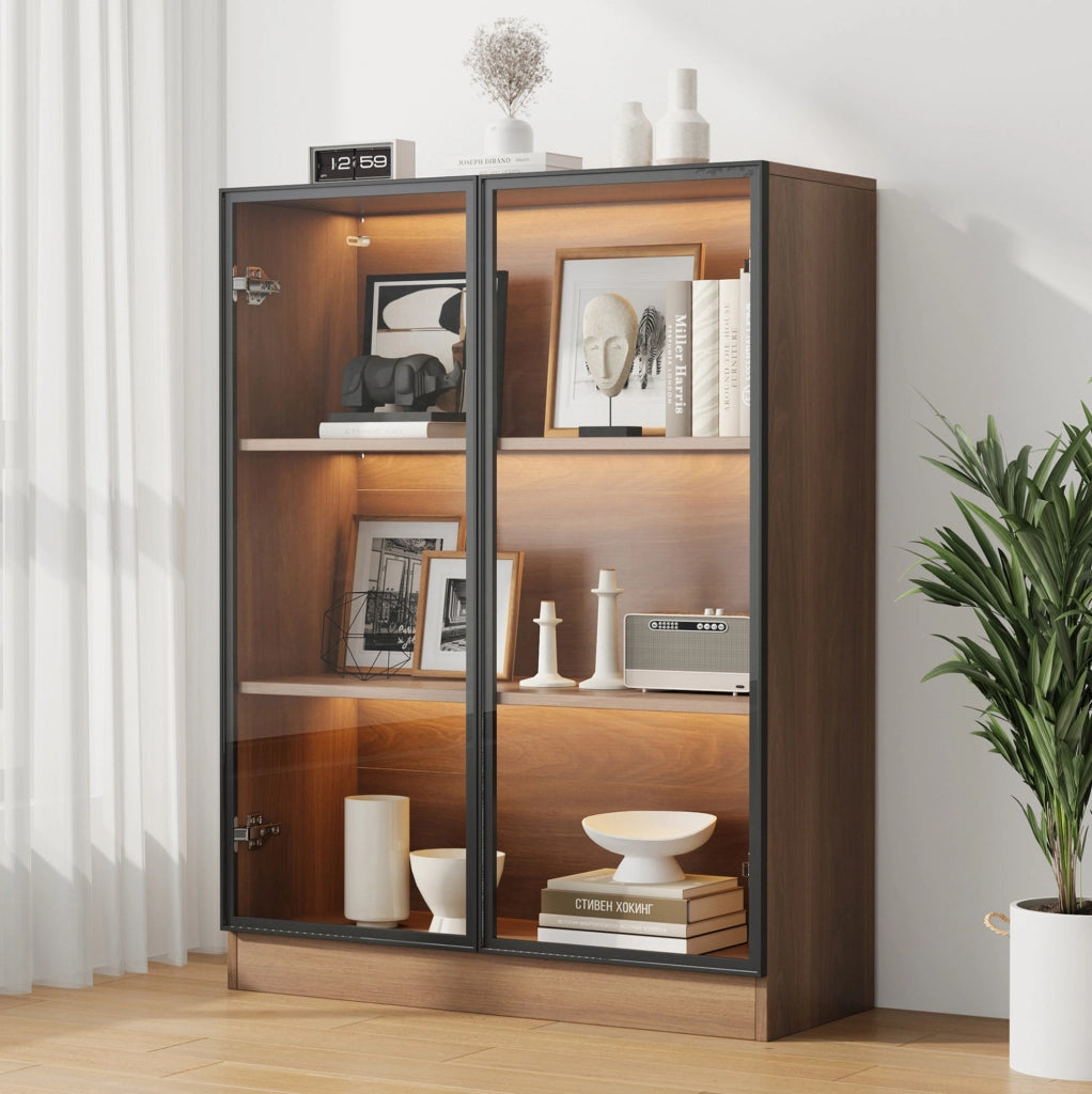 Vetrina in vetro con LED 80x30x106 cm; effetto noce naturale; con ante in alluminio