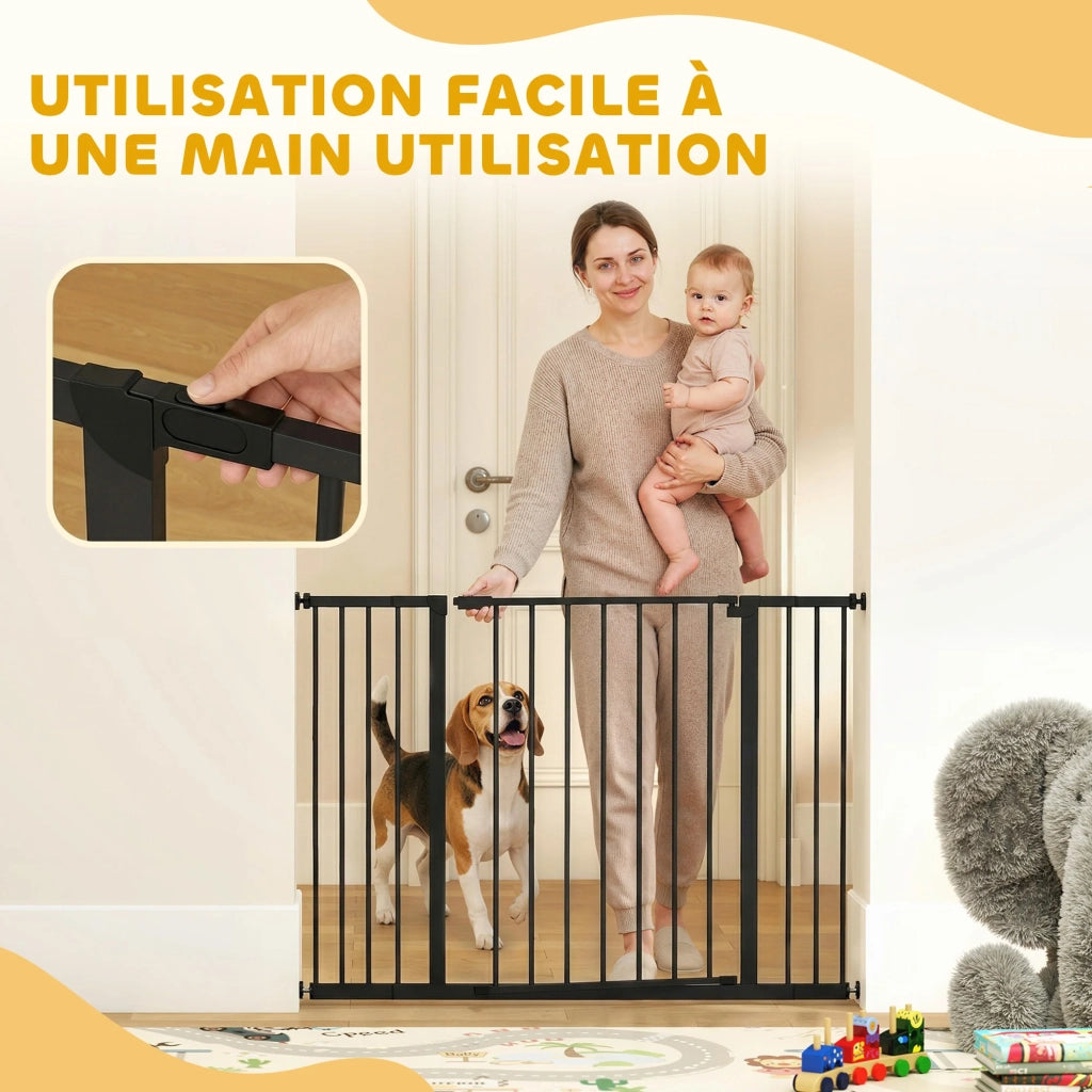 Cancello di sicurezza per porte e scale 107 x 4 x 76 cm regolabile senza foratura apertura a una mano moderno in acciaio nero 21_0007394