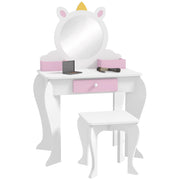 Set Toeletta Trucco Bambina 55x34x87 cm con Sgabello Specchio in Acrilico 2 Scatole Portaoggetti Design Unicorno in MDF