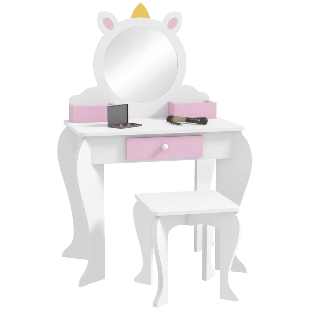Set Toeletta Trucco Bambina 55x34x87 cm con Sgabello Specchio in Acrilico 2 Scatole Portaoggetti Design Unicorno in MDF