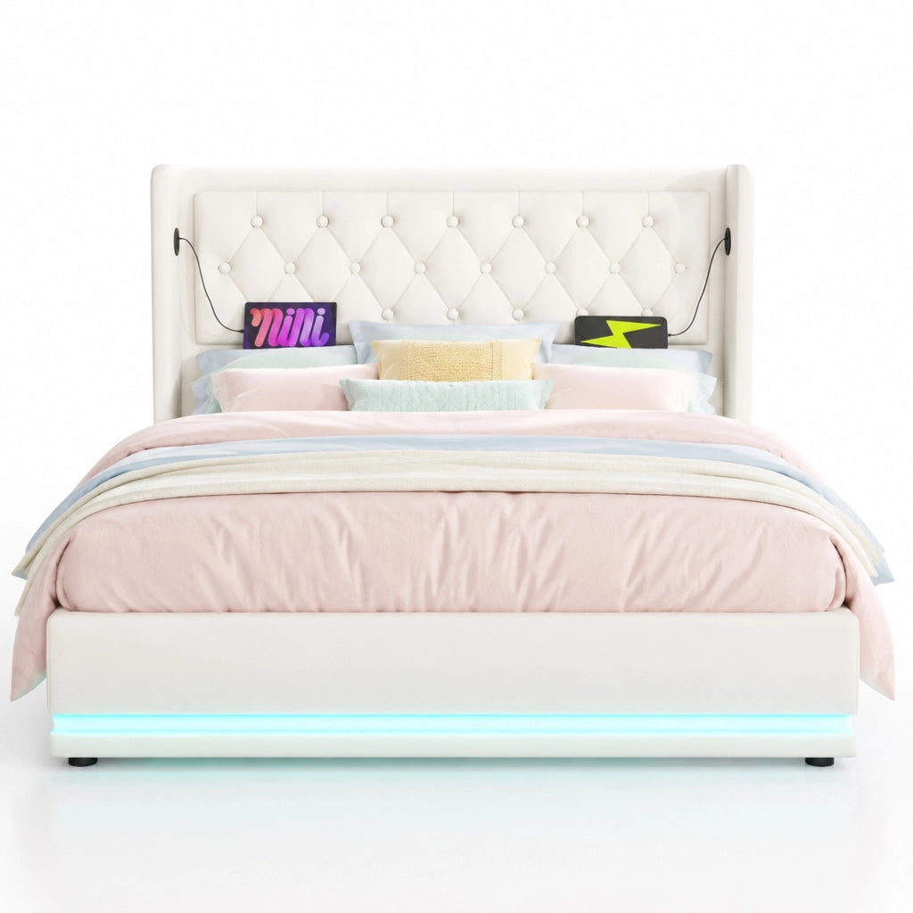 Letto matrimoniale imbottito 140x200 cm con contenitore, USB Type-C e LED