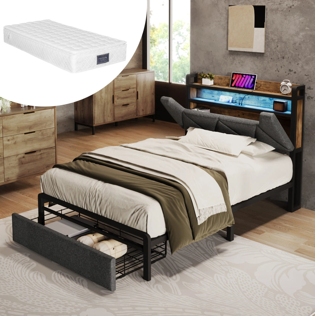 Letto singolo 90x200 cm con LED, USB e USB-C, testiera contenitore e cassetto grigio