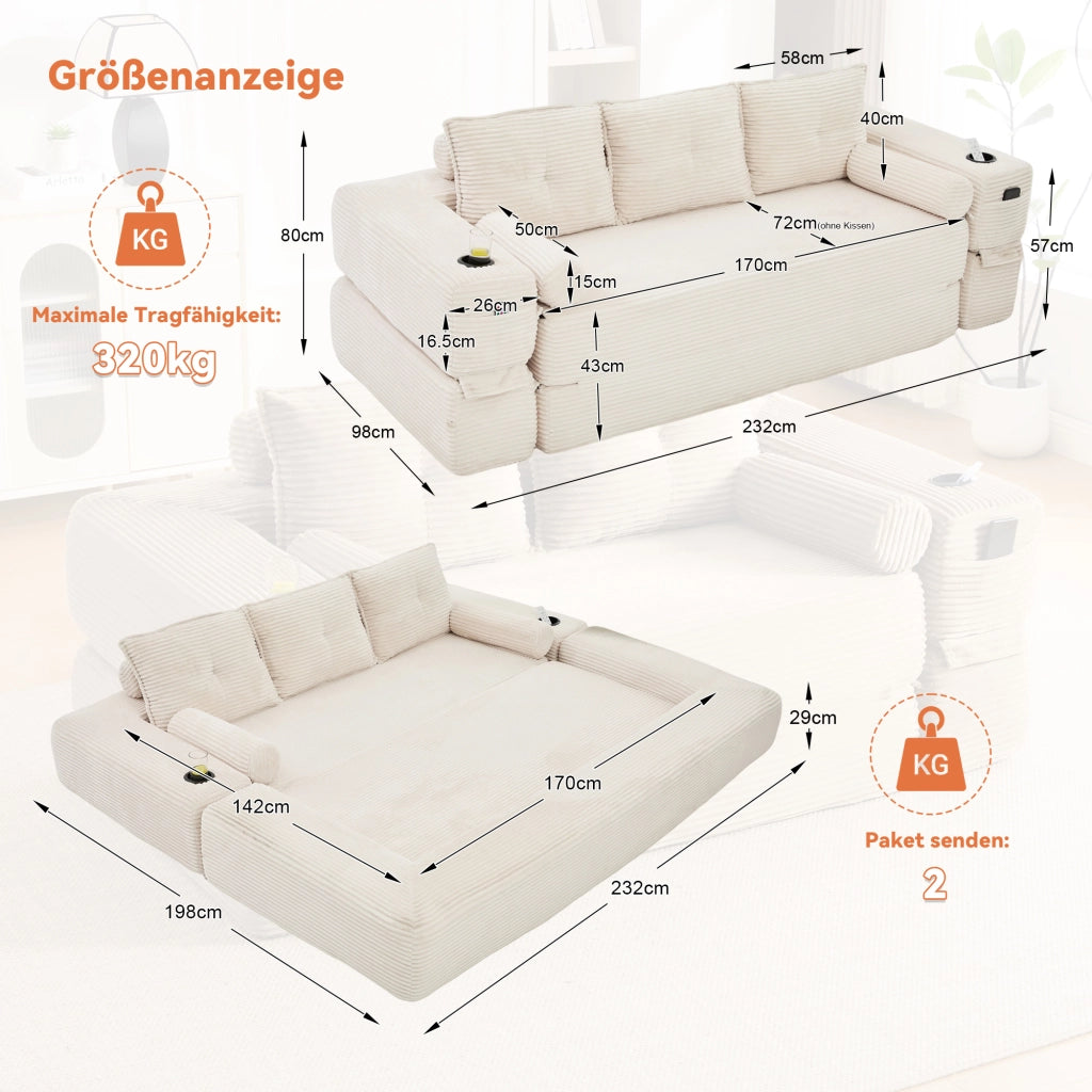 Divano letto 232x98x80 cm convertibile in velluto a coste beige