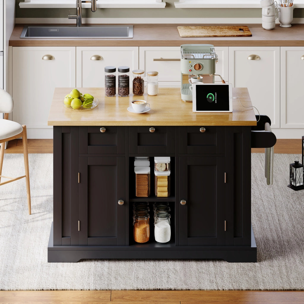 ISOLA DA CUCINA 132x40(70)x87 cm MDF Naturale e Nero con ruote e presa USB