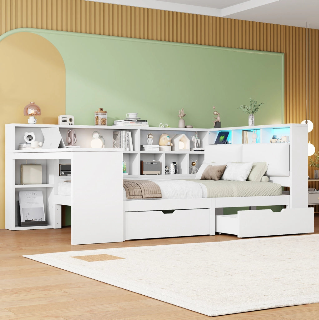 LETTO L con scrivania 140x200 cm Bianco con LED e libreria