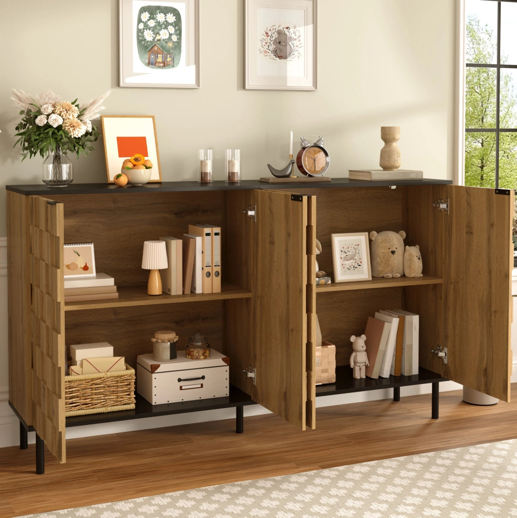 Sideboard con ante mosaico; 160 x 35 x 80;5 cm; in truciolare effetto legno naturale con piedi in metallo nero