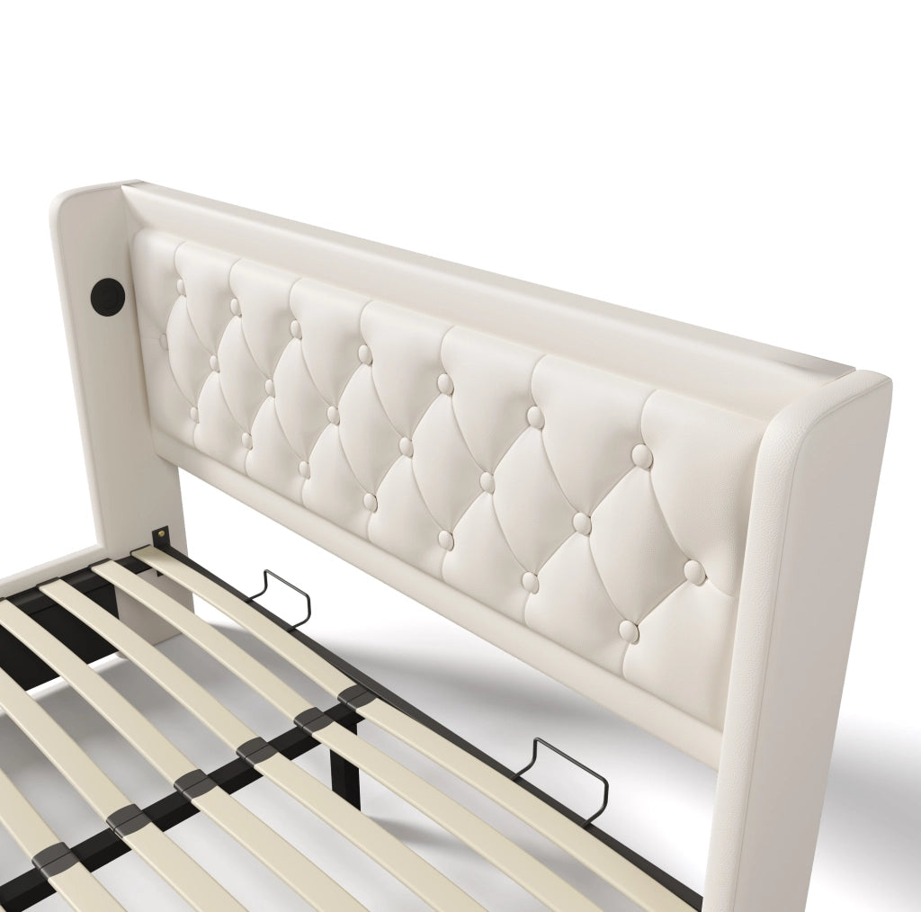 Letto matrimoniale imbottito 140x200 cm con contenitore, USB Type-C e LED