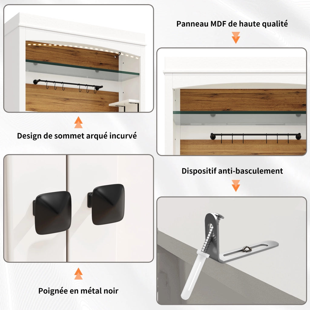 Hochschrank Weiß mit LED-Beleuchtung, Glasregal und Hakenleiste, 184 cm hoch, belastbar bis 60 kg