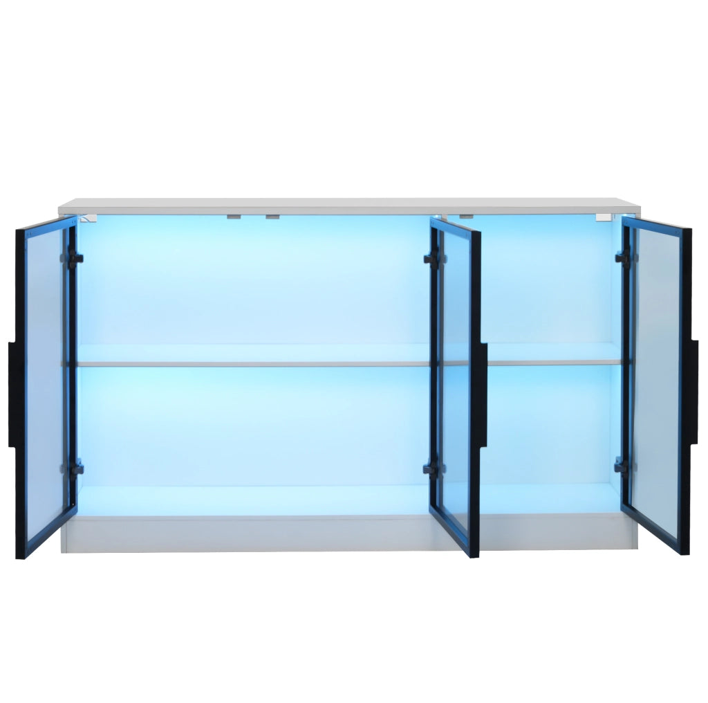 Vetrina in vetro grigia con LED, 120 x 30 x 73 cm, struttura bianca in truciolato, ante in vetro temperato, ideale per salotto, ufficio o sala da pranzo
