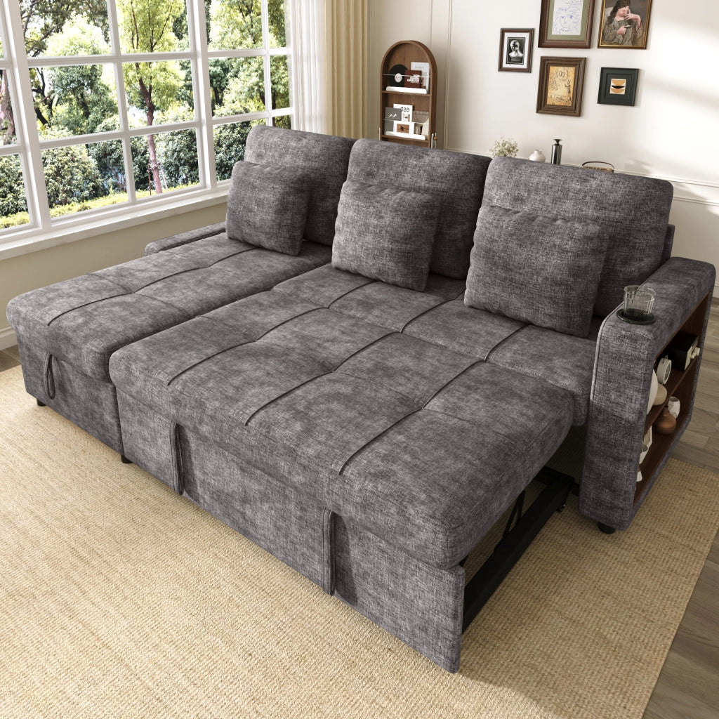 Divano letto 3 posti estraibile con récamiere contenitore portabicchieri tasche laterali in ciniglia grigio 201.3 × 126.1 × 86.1 cm
