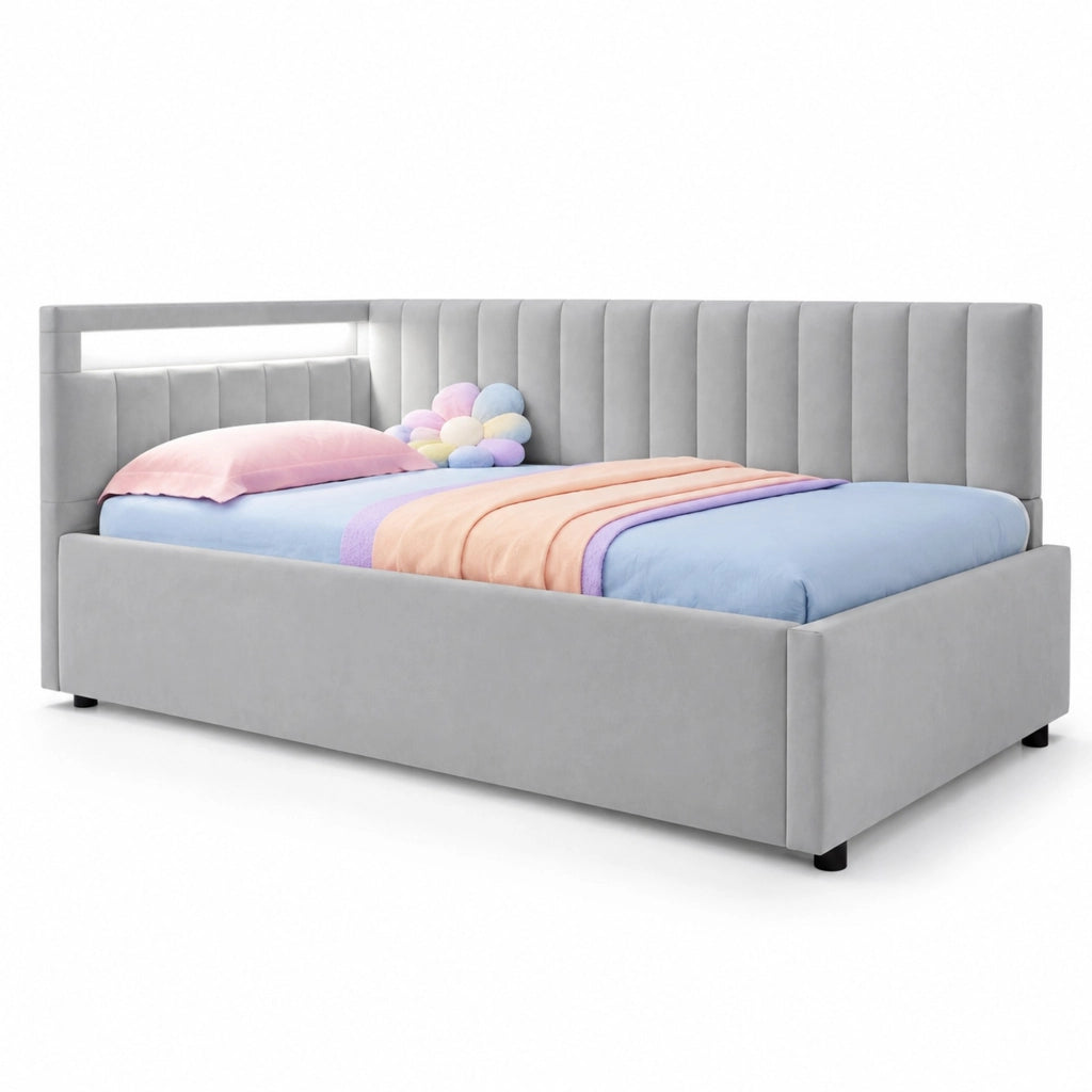 Letto singolo imbottito 90x200 cm in velluto grigio con LED e vano idraulico