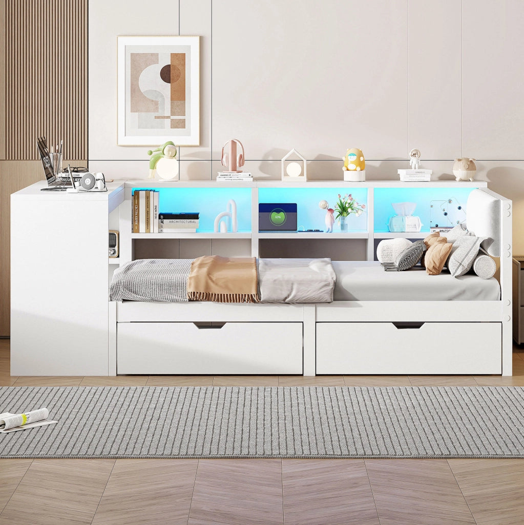 Letto a piattaforma in legno 90x200 cm con testiera imbottita, cassetti, ripiani, stazione di ricarica e luci LED colorate, bianco