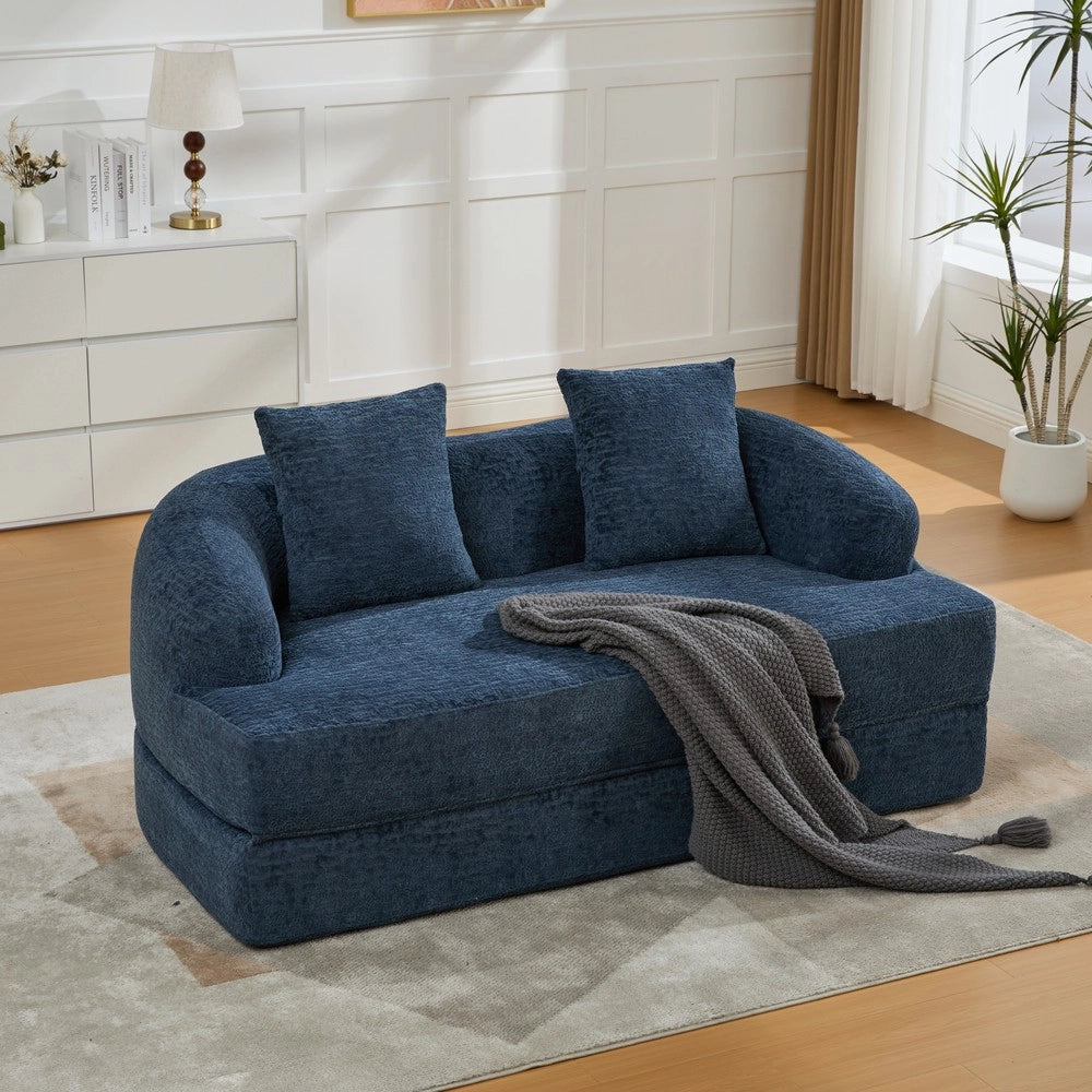 Divano letto 2 posti ¨C Minimal ¨C Chenille blu, con due cuscini