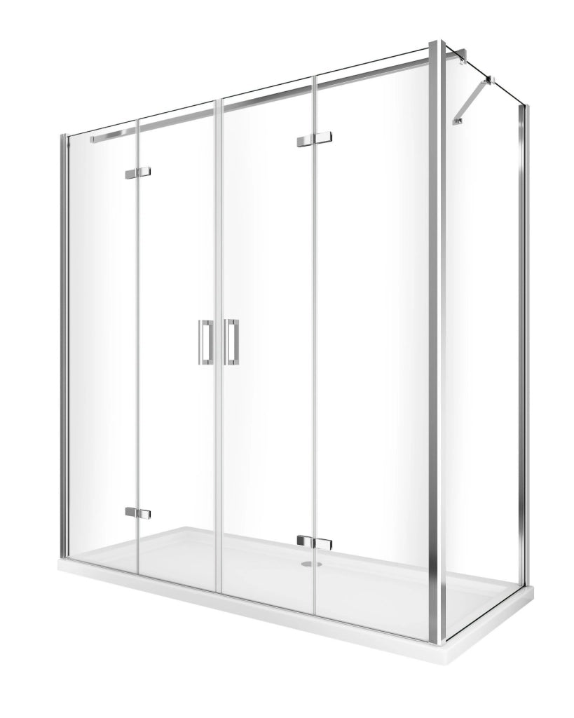 Box doccia due lati porta a libro 4 ante con parete fissa laterale, cristallo 6mm trasparente, h190 Sicena Rasac