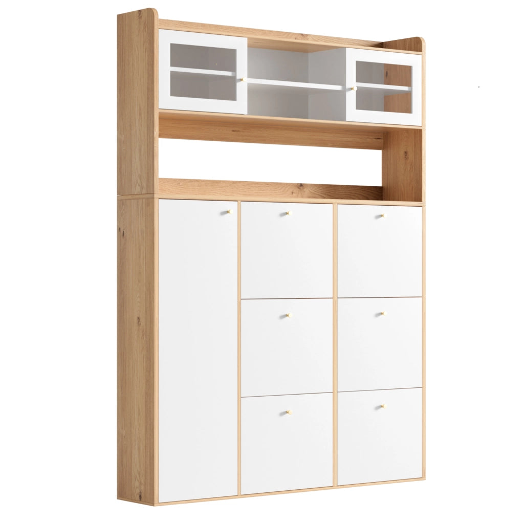 Armadio scarpiera sottile con 6 ribaltine, 1 anta in vetro e illuminazione LED, 130x25x85 cm, colore bianco e naturale