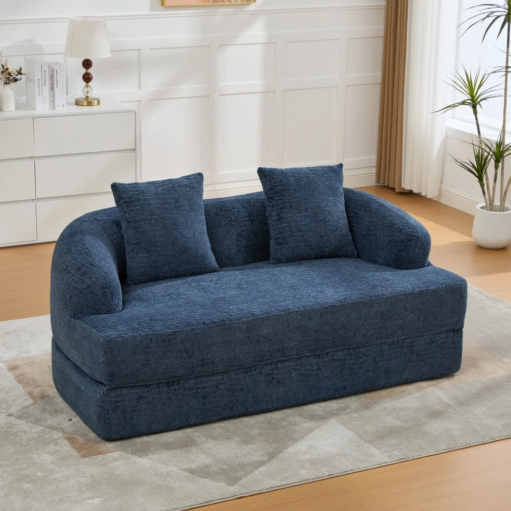 Divano letto 2 posti ¨C Minimal ¨C Chenille blu, con due cuscini