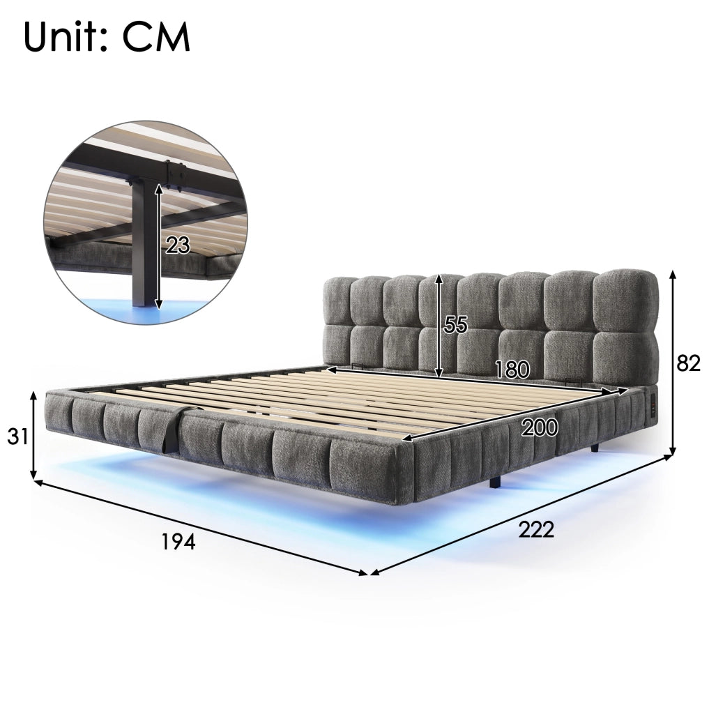 Letto matrimoniale 180x200 cm con contenitore idraulico; LED; USB e Type-C; ciniglia grigia