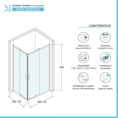 Box doccia angolare 70x70 cm doppio scorrevole vetro trasparente  Tay